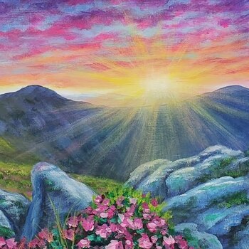 Acrylic Painting of a Sunset Over A Mountain Valley