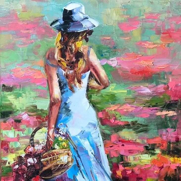 Woman with Flower Basket Painting 733 × 733